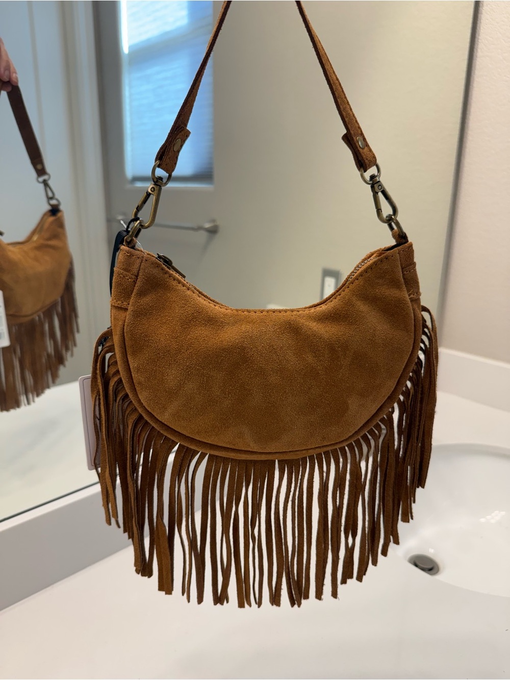 Fringed Suede Shoulder/Crossbody  Bag in Cognac Brown NWT